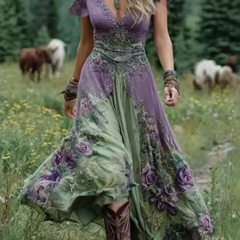 Mujer Ethnic Floral Print Patchwork Vintage Dresses Woman Sexy Deep V Neck A-Line Long Dress Summer Short Sleeve Boho Maxi Dress