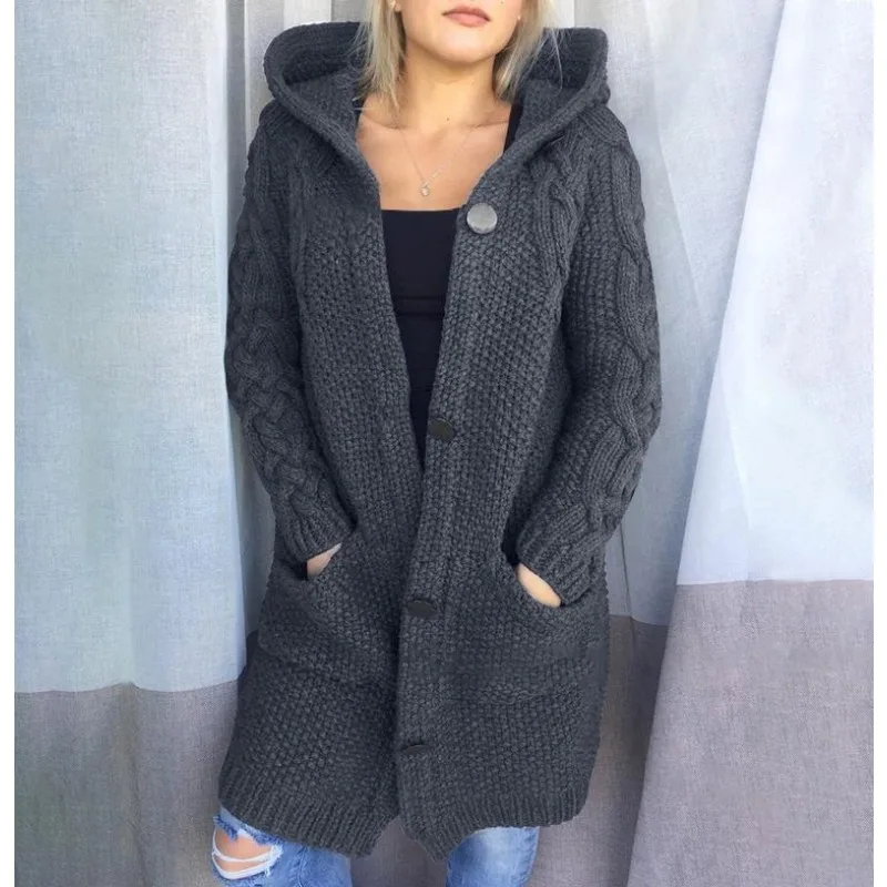 

2025 НОВЫЙ женский свитер, пальто, осенний новый стиль, однобортный тонкий вязаный свитер с капюшоном для уличной одежды, длинный вырез