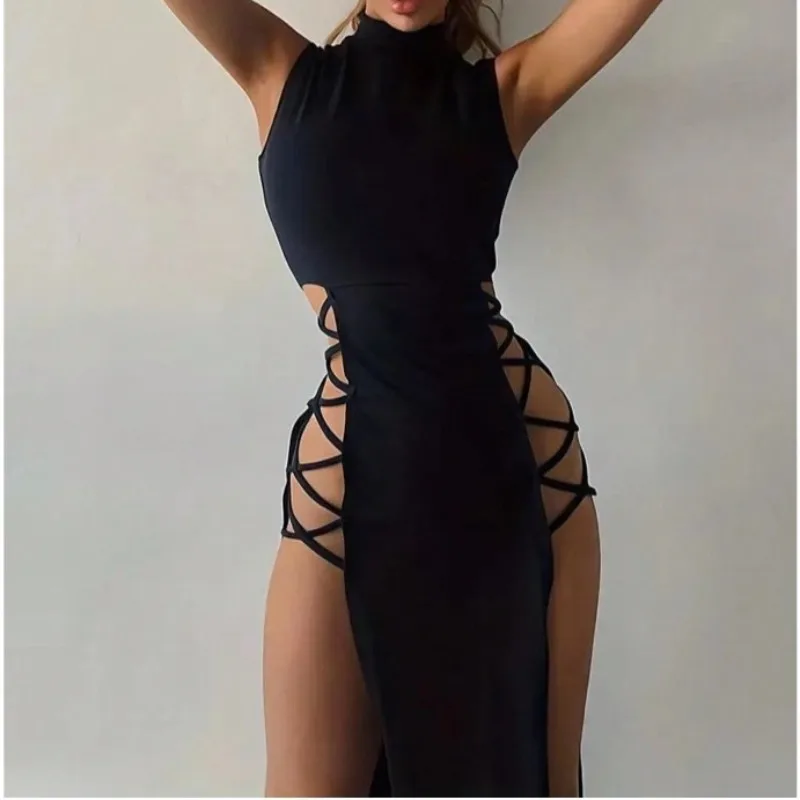 

Sexy Sheer Slit Strappy Sleeveless Neckless Long Dress with High Elasticity Sexy Nightgown Sexy Nightgown Summer Dress