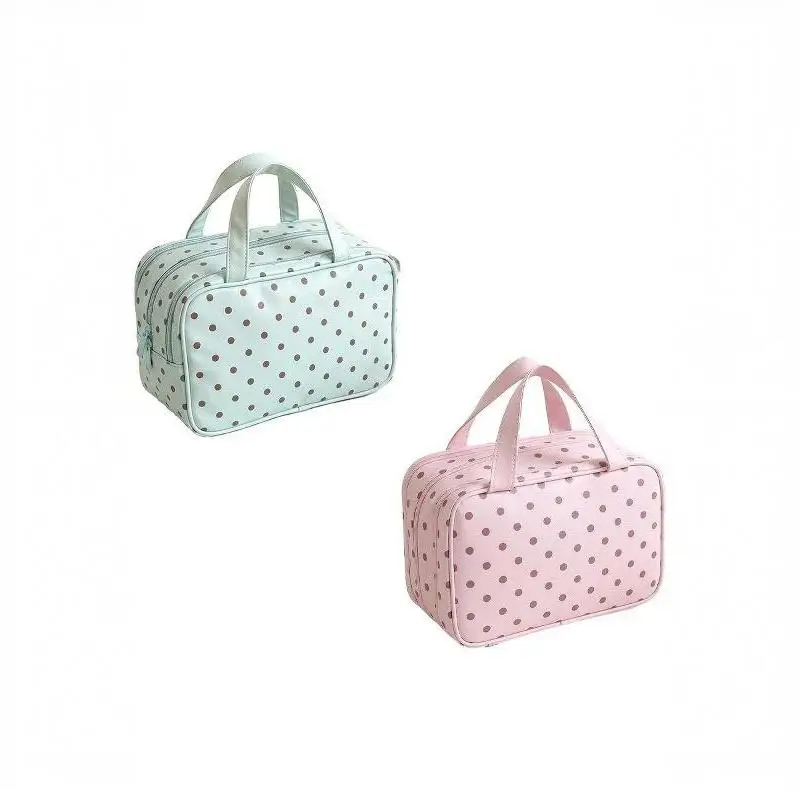 Bolsa de cosméticos con estampado de lunares, impermeable, de cuero sintético, gran capacidad, ideal como neceser de viaje para mujeres, perfecta para escapadas de fin de semana.