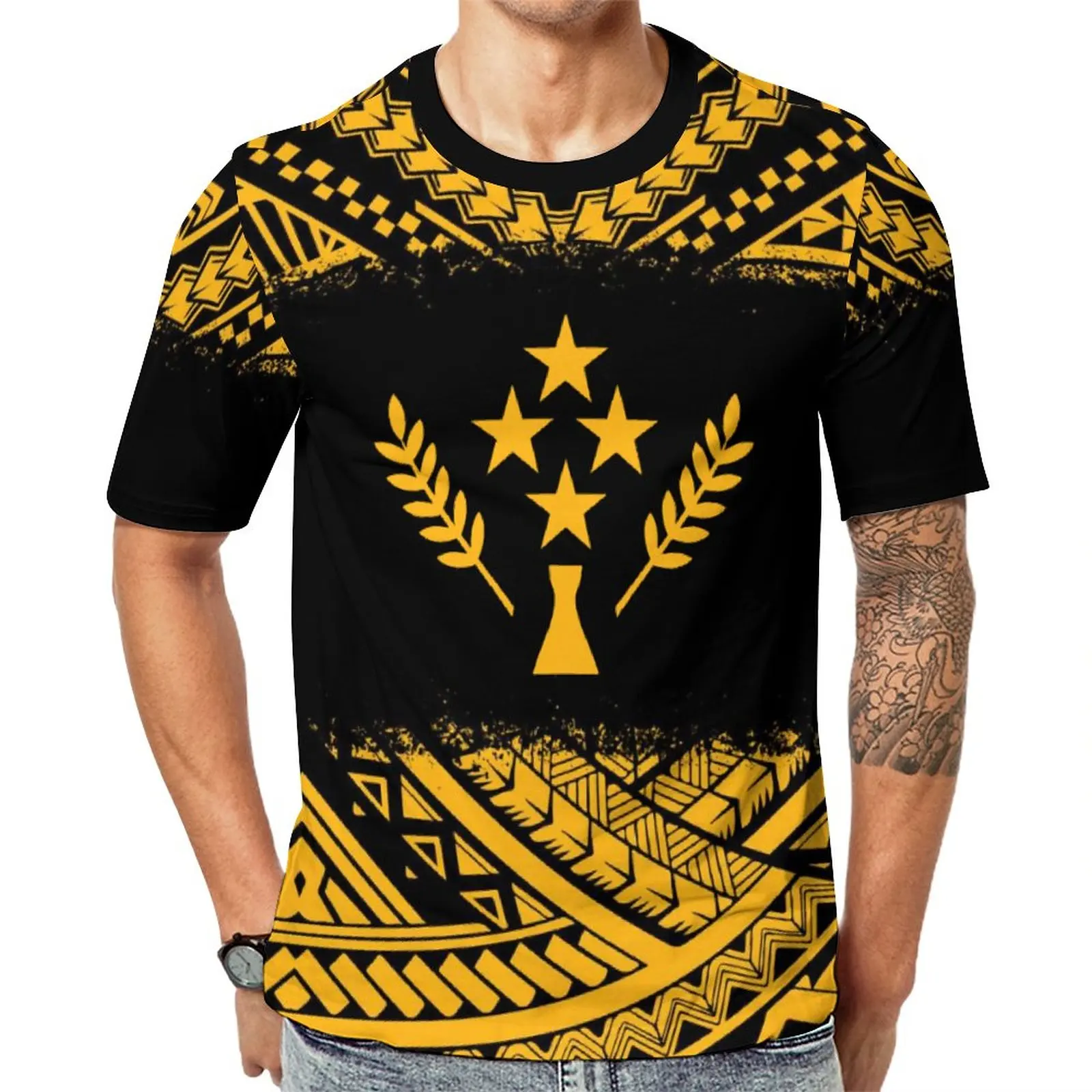 Fashion  HD print Custom Design Polynesian Traditional Tribal Pattern Polyester T Shirt Short Sleeve Comfortable Wholesale Men