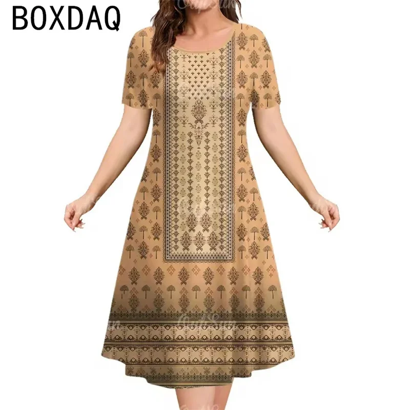 

Plus Size A-line Women Dress Vintage Ethnic Characteristic Print Mini Dress Female Summer Short Sleeve O-Neck Casual Loose Dress