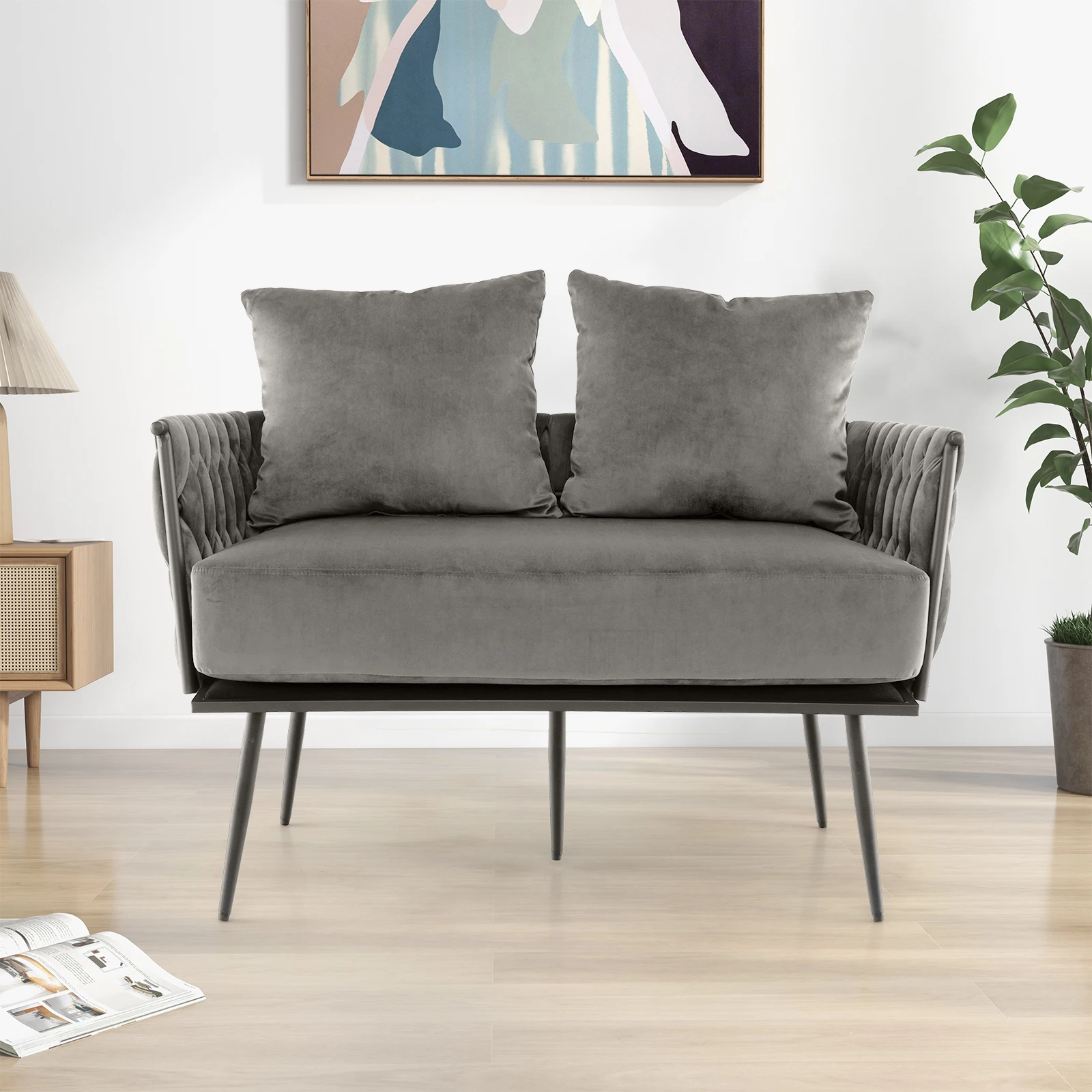 أريكة GOFLAME-Loveseat ، منجد حديث ، أريكة بمقعدين مع وسائد خلفية ، مسند ظهر منسوج ومسند ذراع #3