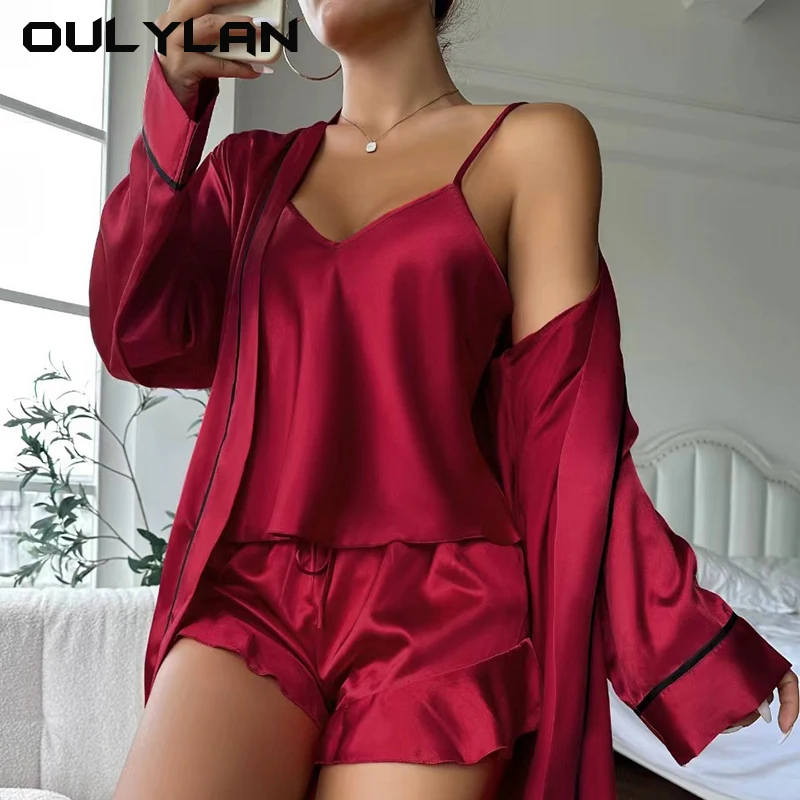 Oulylan Simple Satin Pajama Set Long Sleeve Belted Robe V Neck Cami Top And Shorts Women's Sleepwear 3PCS Nightgown