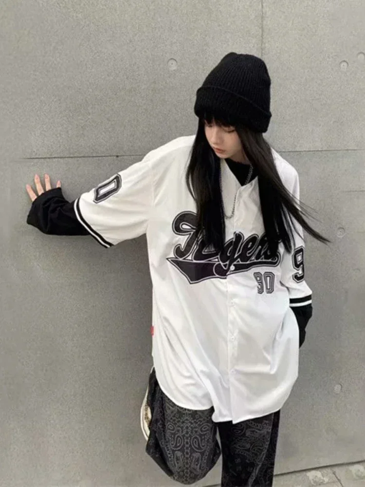 ADAgirl Baseball Oversize Blouse Women Streetwear Hip Hop Short Half Sleeve Shirts Girl Vintage Printed Korean Style Femme Tops