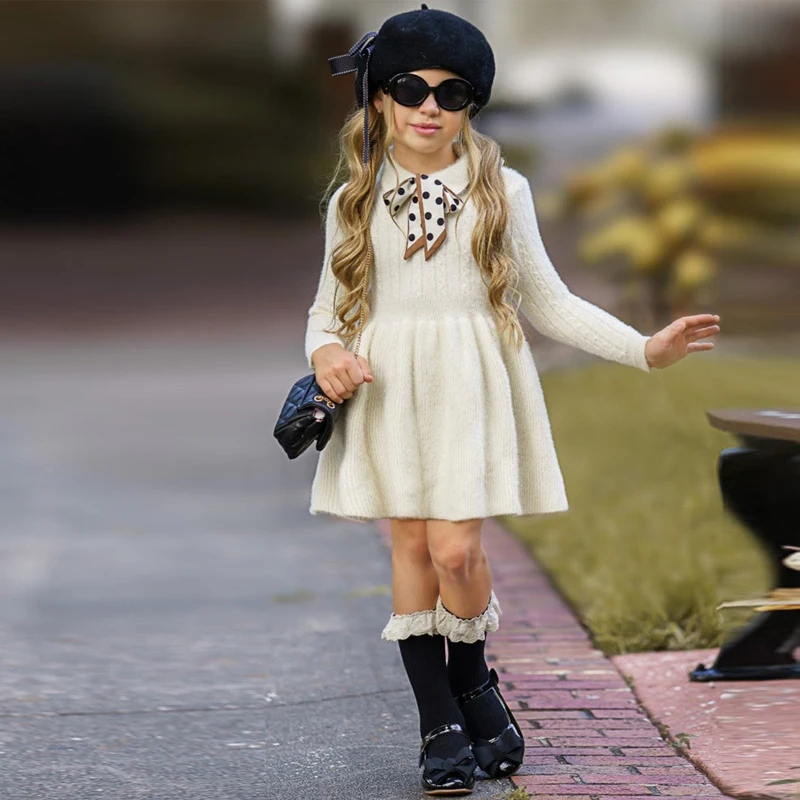 Children\'s Long Sleeve Fluffy Dress New Fashion Solid Wool Girls Knitting Sweater Dresses Casual Lapel Skirt for Kids