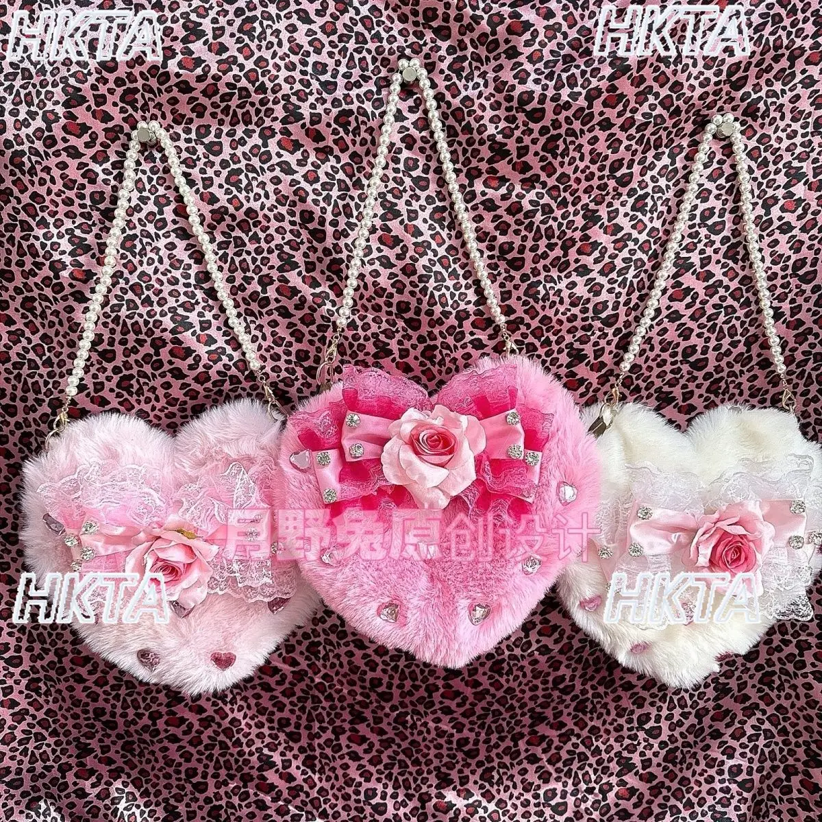 Original Handmade Lolita Bag Women Sweet Princess Plush Fur Pearl Handbag Cute Heart-shaped Chain Bow Bag Sweet Girls Backpacks