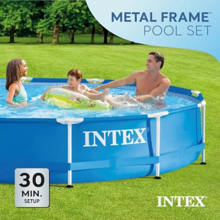 Outdoor above ground swimming pool for 6 persons, metal frame, round shape, 12-ft x 30-in, includes GFCI filter pump and pool c