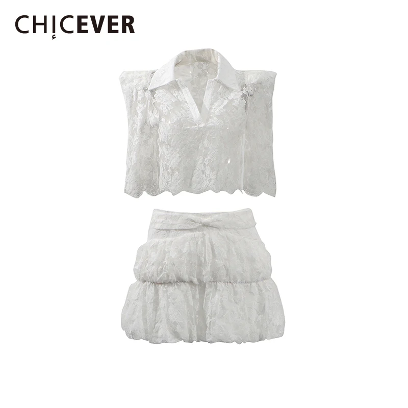

CHICEVER Solid Slimming Two Piece Sets for Women Lapel Sleeveless Top High Waist Spliced Lace Mini Skirt Suit Female Summer New