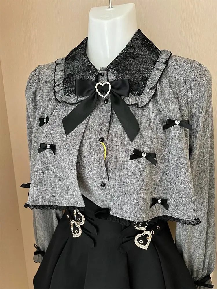 Nieuwe Japanse Stijl Leuke 2-delige Sets Vrouwen Zoete Korte Cape Sjaal Patchwork Shirt + Rok Pak Vrouwen Y2k Elegant Design Kleding