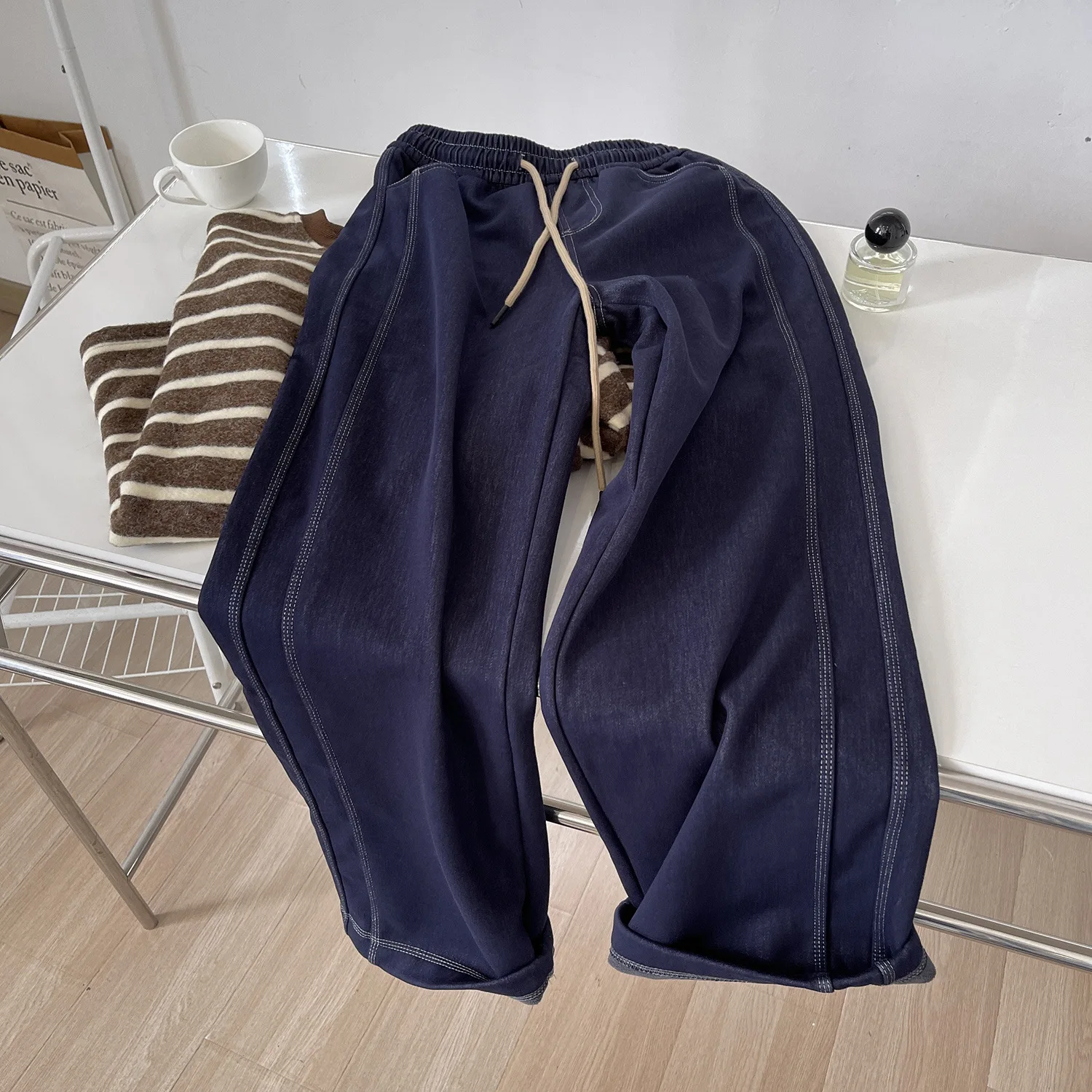 

Яркие бархатные джинсы, женские осенне-зимние утолщенные свободные прямые брюки с эластичной резинкой на талии, женские джинсовые длинные брюки