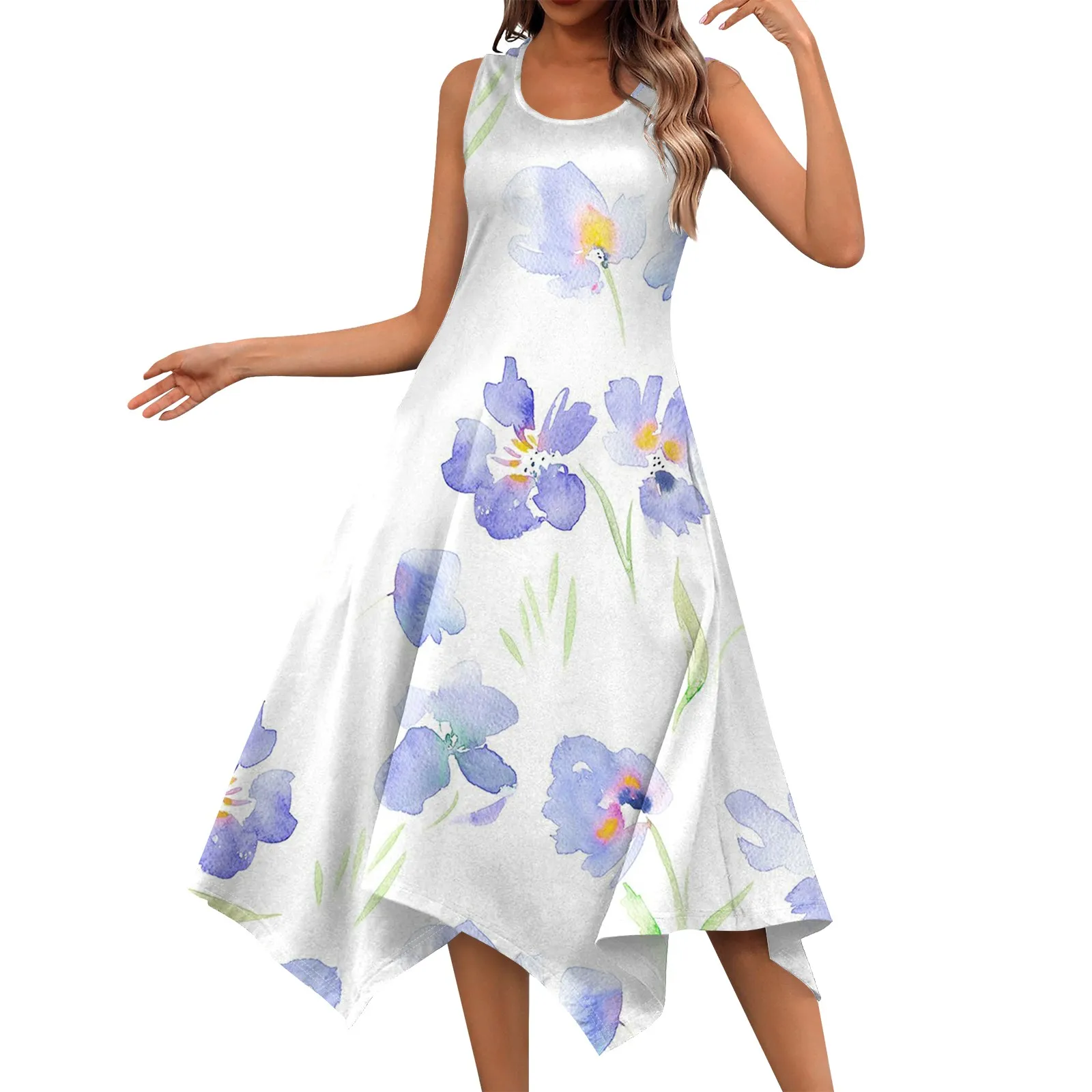 Women'S Casual Dress Floral Printed Fashionable Round Neck Dress Tank Top Flowy Graceful 2024 Sleeveless Irregular Hem Dress