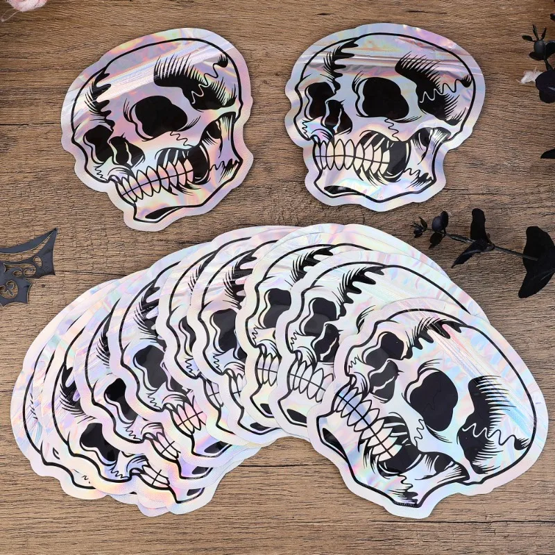 200/5x Halloween Skull Laser Bag Self-Sealing Waterproof Cookie Snack Jewelry Pouches Reusable Halloween Party Funny Gift Pocekt