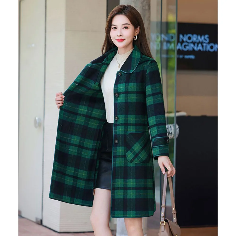 High End Fashion Women Double Sided Cashmere Woolen Coat Autumn Winter Single Breasted Plaid Wool Jacket Mother Long Windbreaker