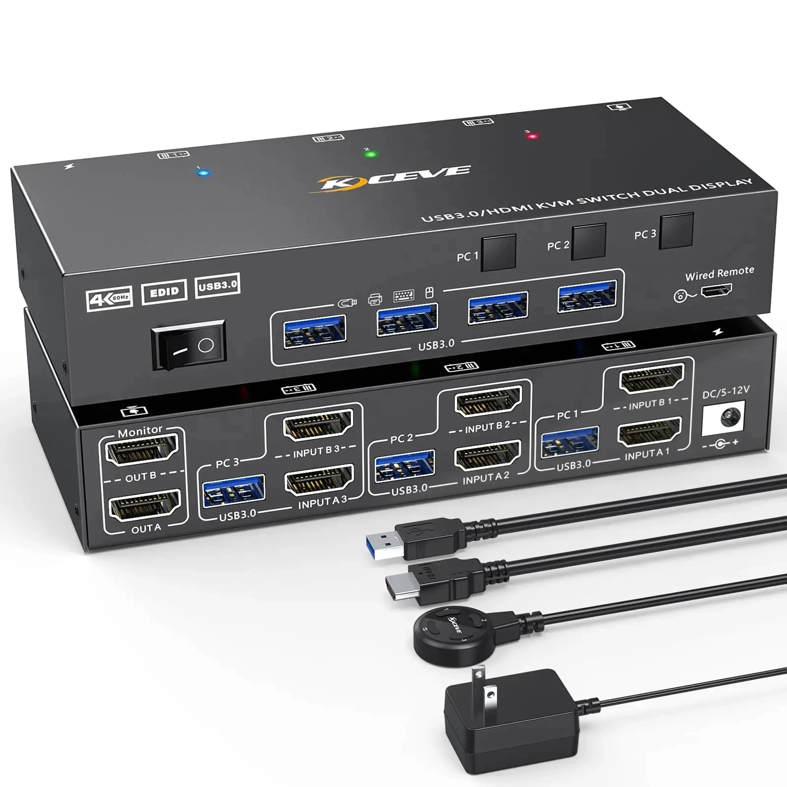 HDMI Dual Display KVM Switch Simulação, USB 3.0, Switcher de exibição estendido para 3 computadores Compartilhar, Compartilhar, EDID