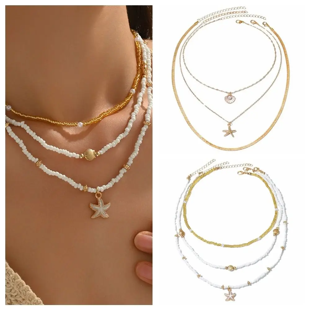 3 قطعة حبة شل متعدد الطبقات قلادة مكدسة البوهيمي نمط سلسلة الترقوة النساء Y2K الرقبة مجوهرات قذيفة الترقوة قلادة السيدات