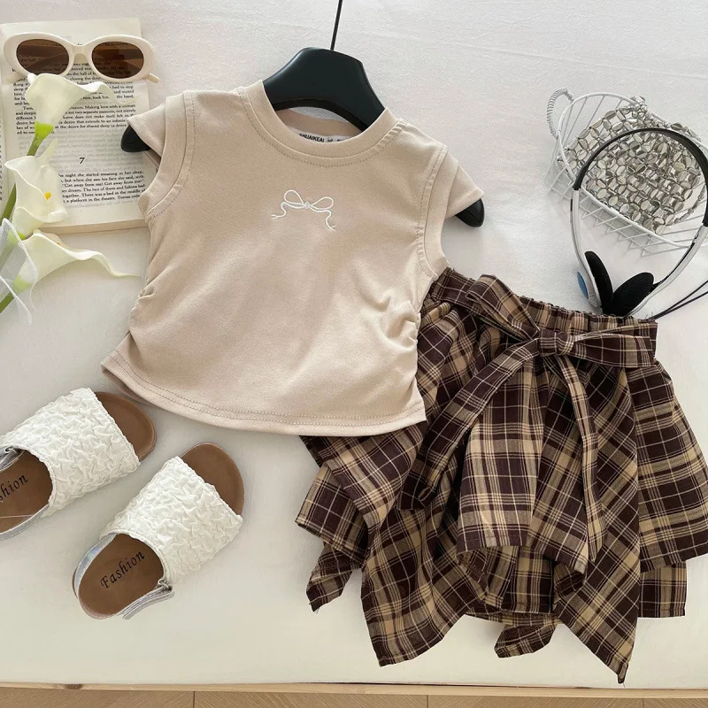 

New Children's Plaid Set Dress Summer Girls' Versatile Top+Bowknot Plaid Short Skirt Two-Piece Set