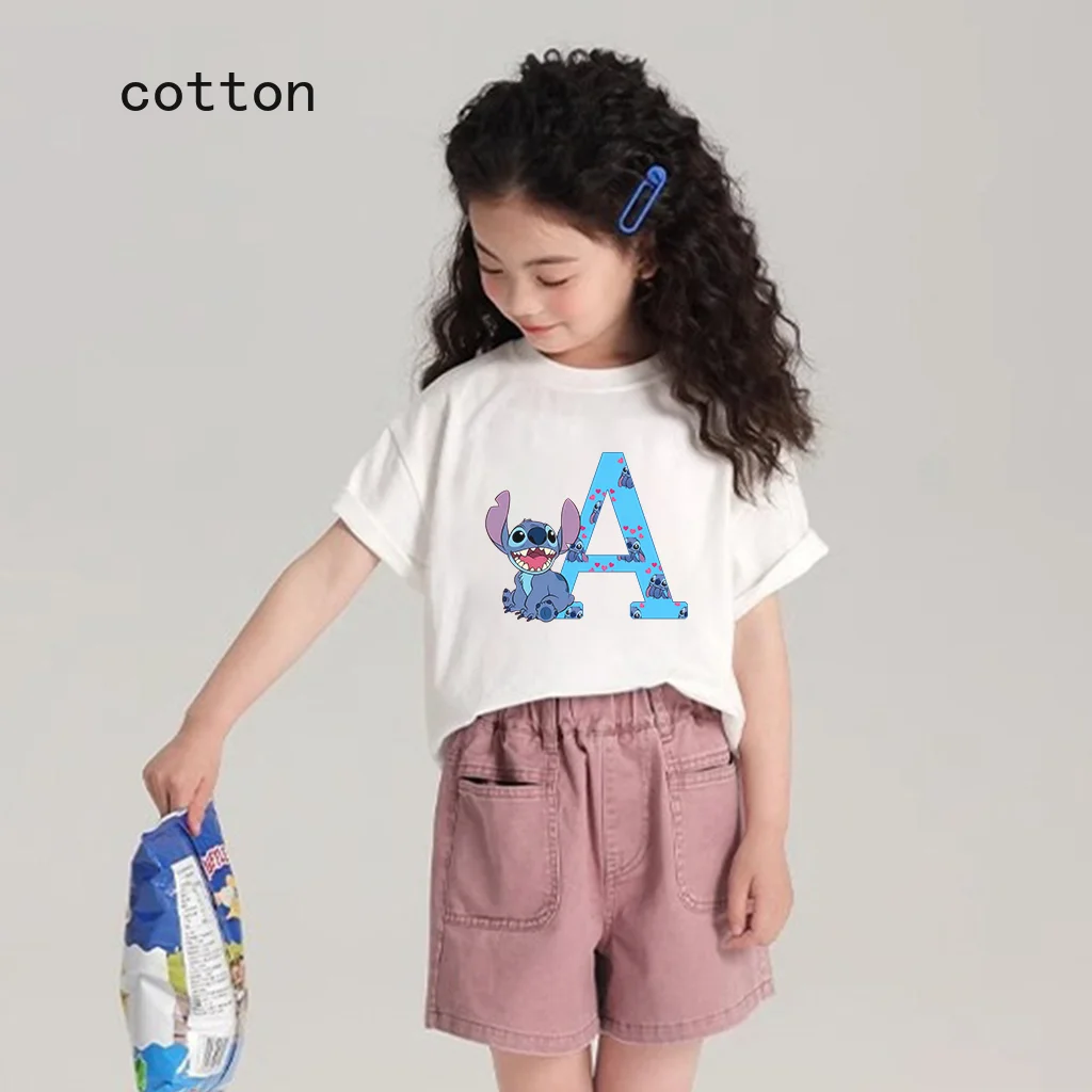 

White Melody Anime Stitch Letter ABC Children's Short-sleeved New Sanrio Summer Kawaii T-shirt Clothes Girly Heart Soft 1-18