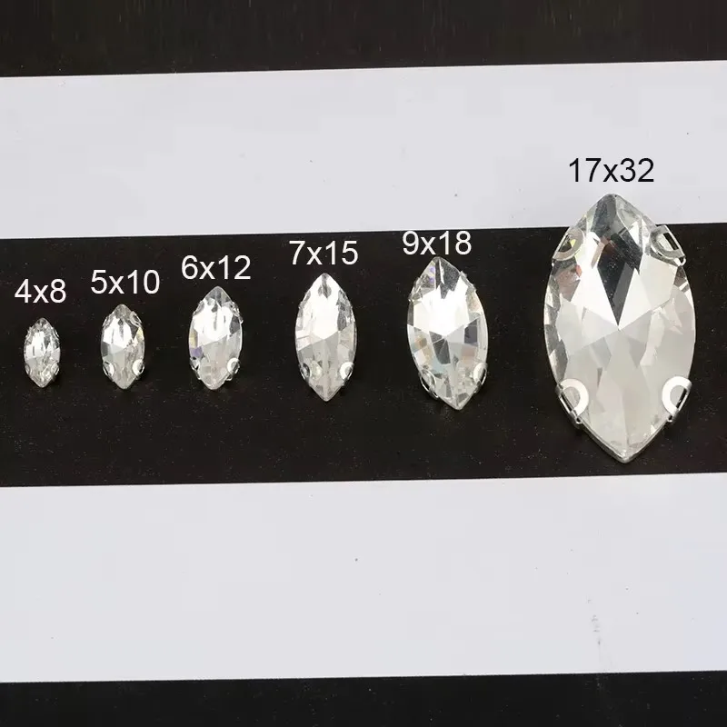 PEESOM 4x8/5x10/6x12/7x15/9x18/17x32mm Sew On Glass Horse Eye Rhinestone Flatback Sewing Navette Stone with Sliver Claw for Diy