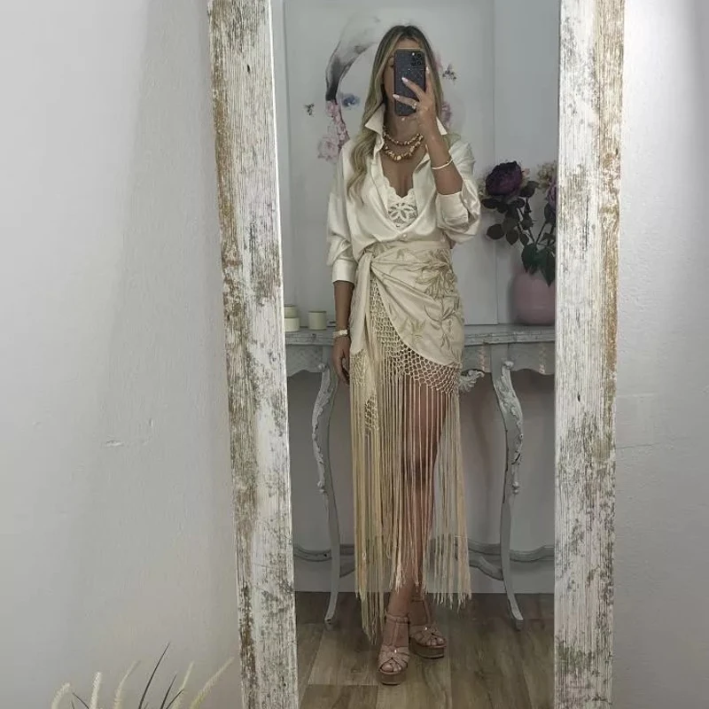 Women's Peach Fringe Bodycon Skirts Women Sexy V-shape Gold Fringe Slim Fit Midi Skirt 2026 Summer Beach Vacation Outfit New 30 S9b631d089080487195ee022bb82b1d73H