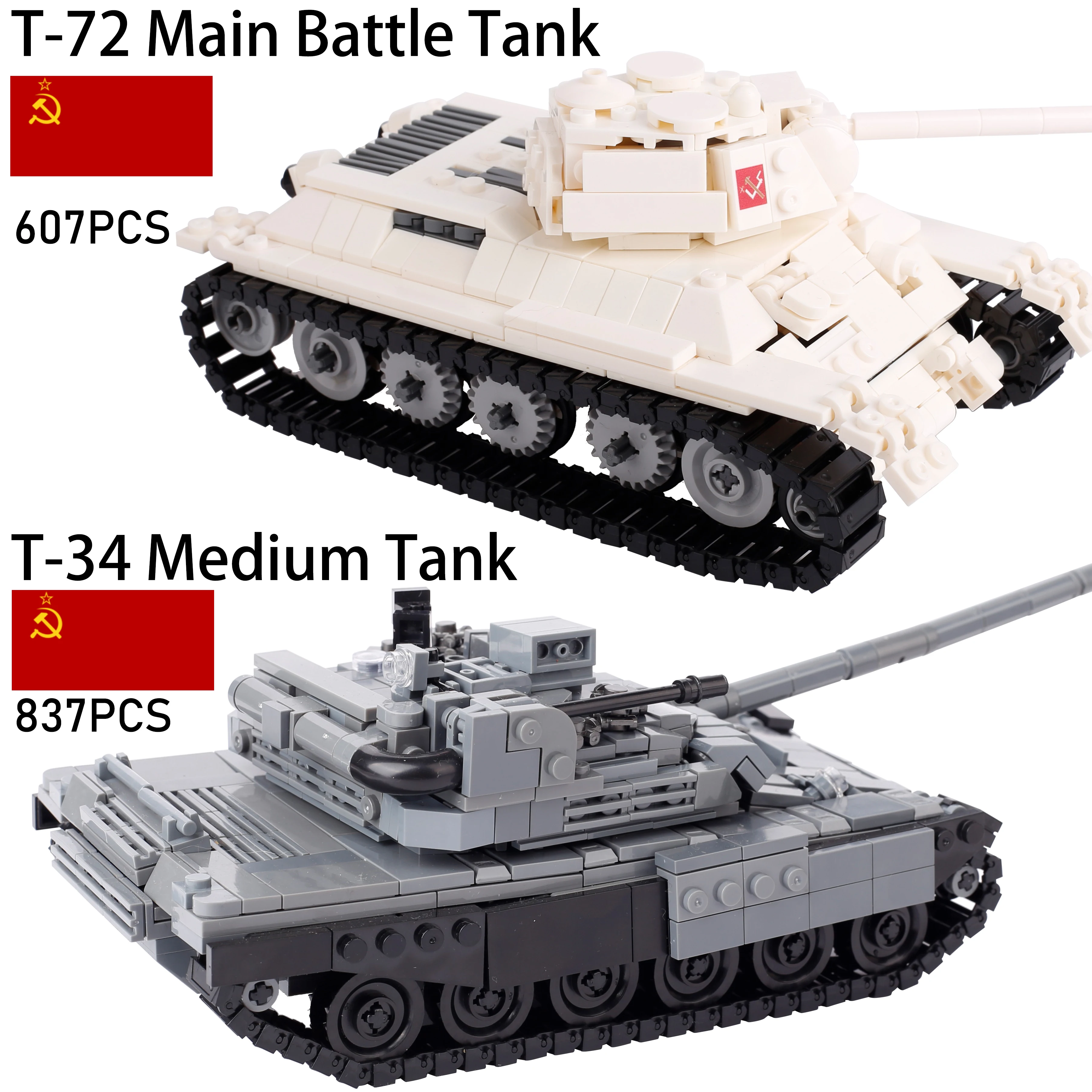 

MOC Soivet Military T-72 Main Battle Tank T-34 Armored Vehicle Building Blocks War Scene Weapons Bricks Toys Boy Gift