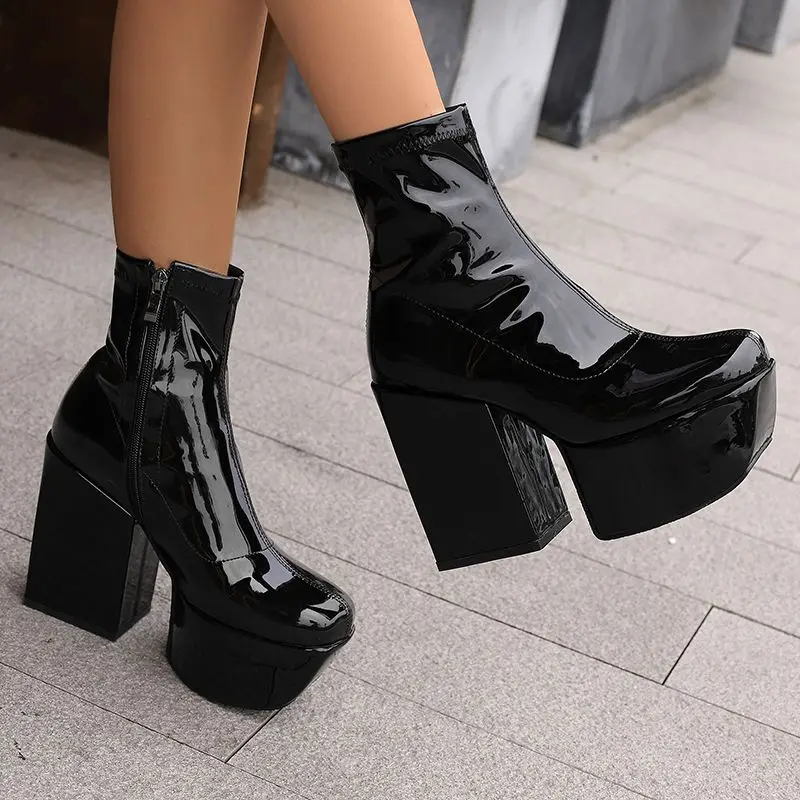 SIMLOVEYO Patent Leather Women Ankle Boots Toe Chunky Heels 12cm Platform Hill Size 46 47 48 Sexy Dating Bota