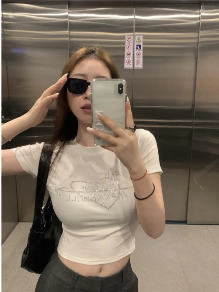 Y2k Aesthetic Heart Letter Diamond Crop Top 2024 Summer Slim Korean Women T-shirt Casual Fashion Trendy Sweet Thirt Shirt Femme