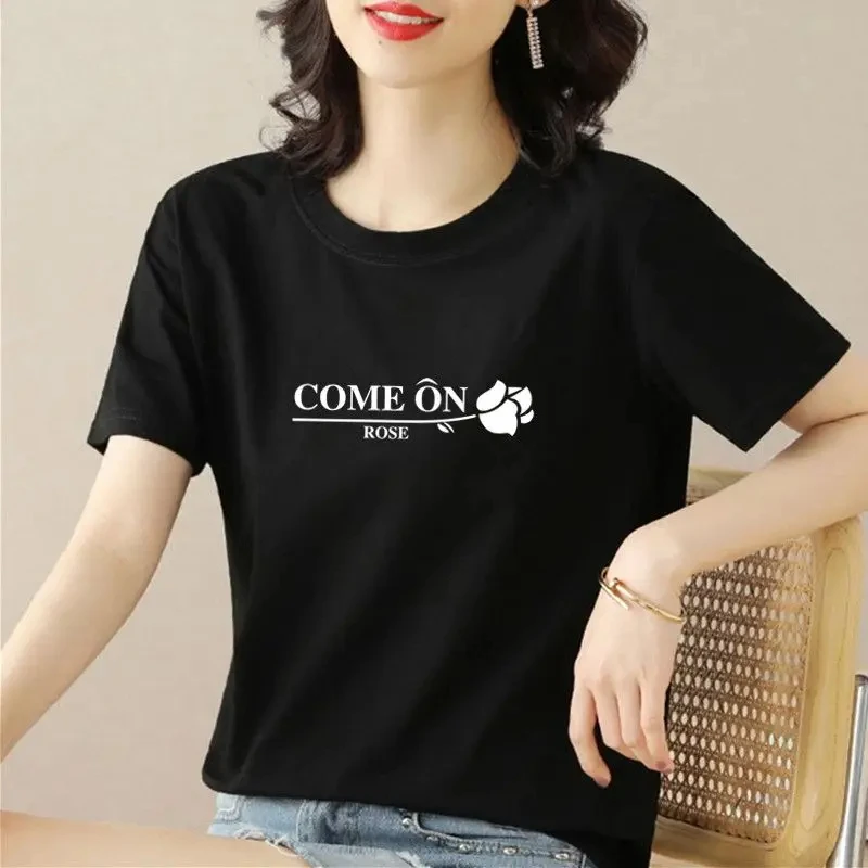 Cotton Swan Print Black T Shirt Women Short Sleeve 2024 New Simple Summer Dress Loose T-Shirt Large Size Foreign Style Top