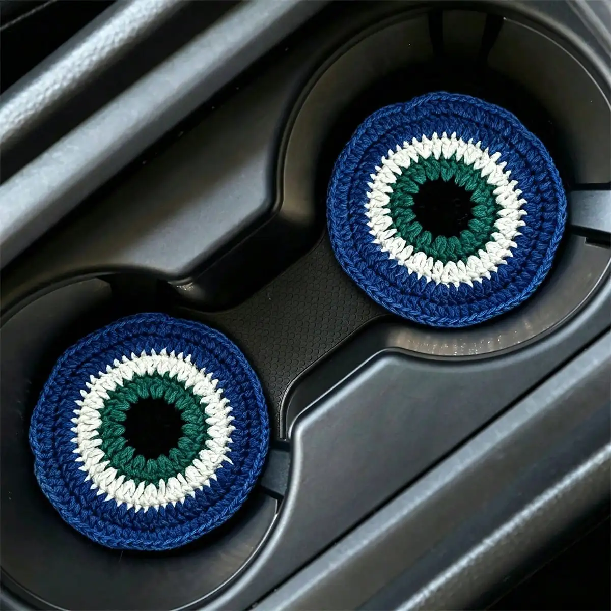 2Pc Car Supplies Blue Blue Eyes Car Vehicle Cup Mat Cute Hand‑Woven Round Cup Mat Car Interior Cup Mat Living Room Bedroom Table