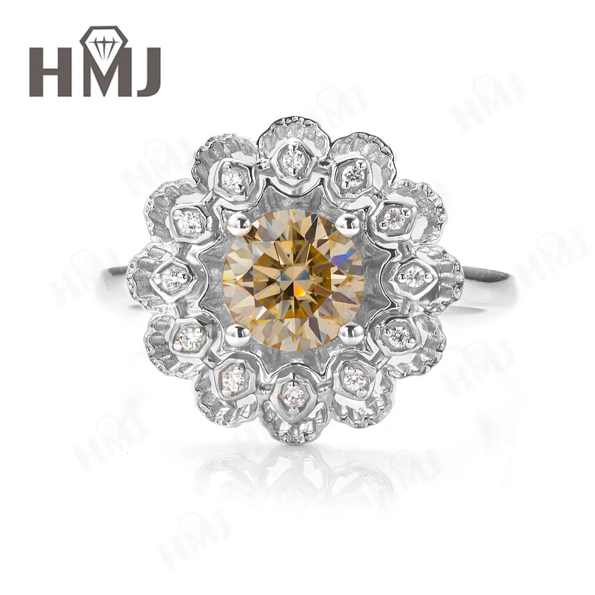 

S925 Silver Moissanite Ring Flower 1ct 6.5mm Round Champagne Moissanite GRA Certified Engagement Wedding Diamond Ring for Women