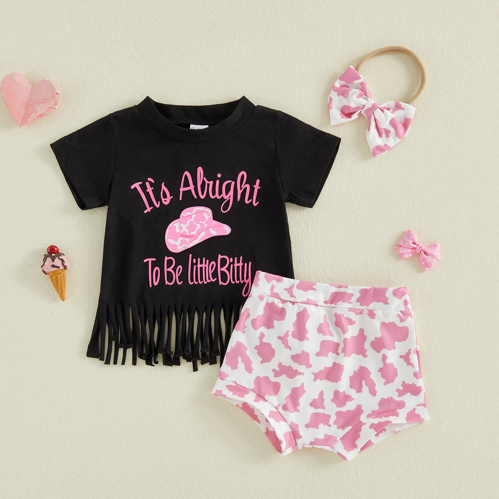 Baby Girls Shorts Set, Short Sleeve Letters Hat Print Tasseled T-shirt with Contrast Color Shorts and Bow Hairband Summer Outfit