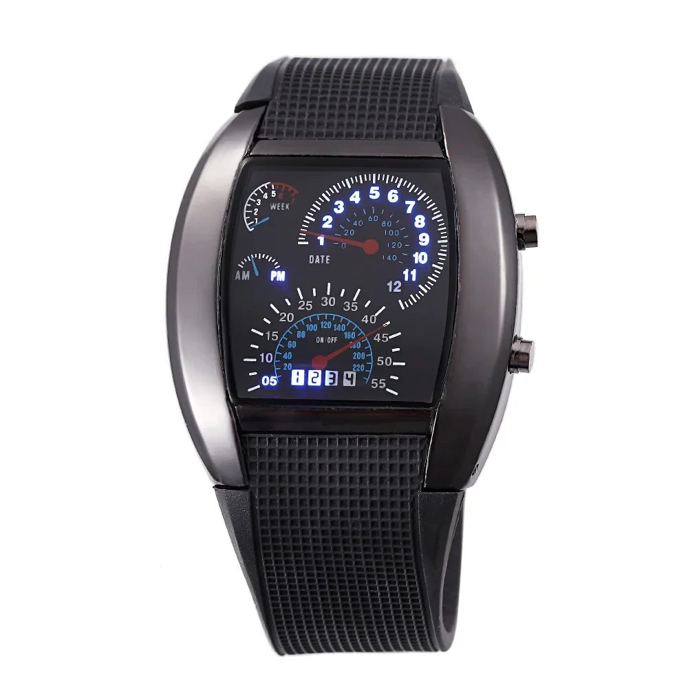 New Design Casual Led Watches Cool Car Meter Dial Unisex Black Flash Dot Matrix Racing Watch Sports Clock Hot Orologio Uomo