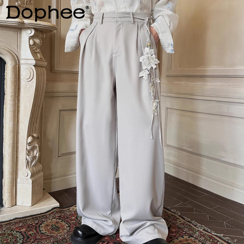 

Men's 2025 Summer New High-End New Chinese Style Suit Pants Embroidered Waist Rope Straight Long Pants Male Handsome Trousers