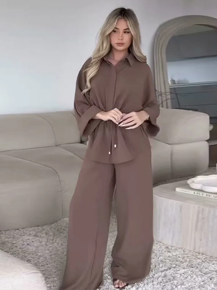 

New Wide Leg Pant Suits Fashion Women Full Sleeve Single Breasted Turn-down Collar 2 Piece Sets Chic Lady Beach Holiday Outfits