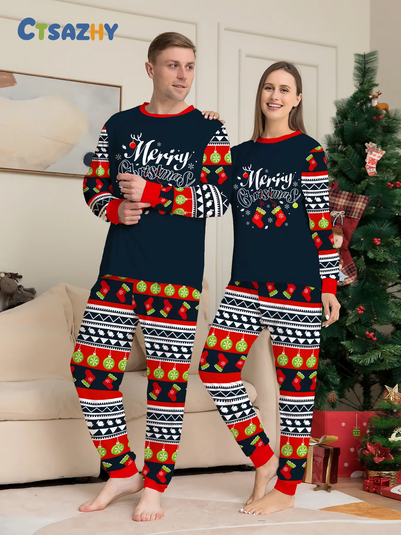 New 2026 Cartoon Print Christmas Pajamas in Set Couples Casual Sleepwear Children's Clothing Baby Dog Romper Family Look