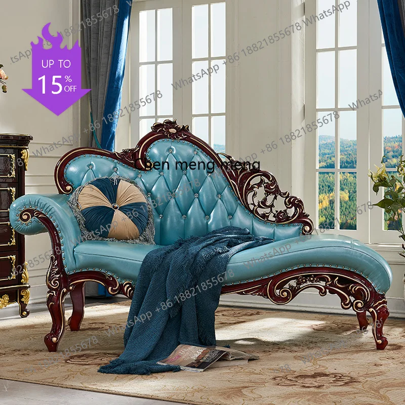 01A European leather chaise longue full wood carving flower double sofa leisure lazy sofa