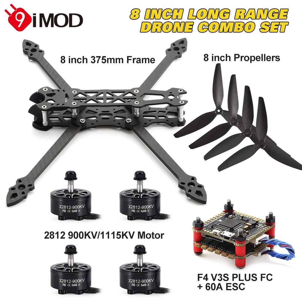 

9IMOD Mark4 8inch 375mm Wheelbase Carbon Fiber Frame 5mm ArmX2812 900/1115KV Brushless Motor 8inch Propeller for 8" Drone