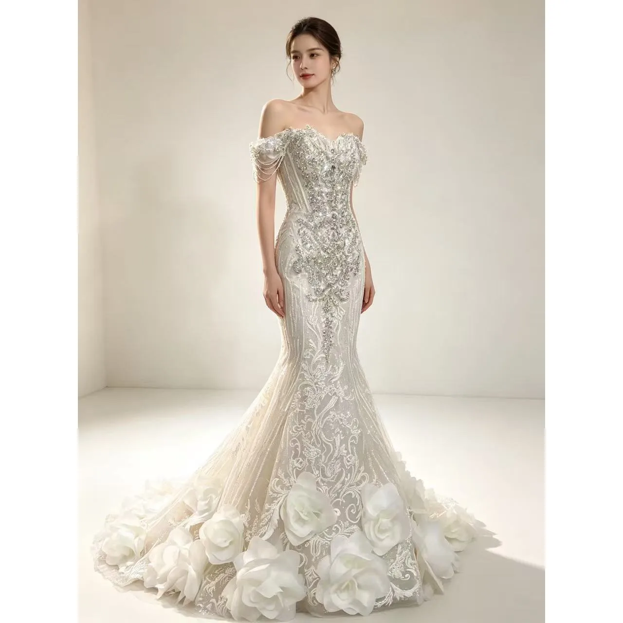 Saudi Arabia Wedding Dress Luxury Bridal Gowns Off the Shoulder Lace-up Back Major Beading with Crystal Sequins Tulle Real Pics