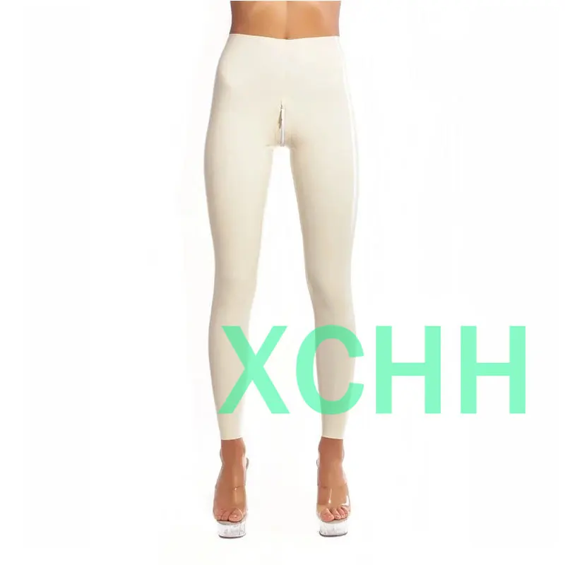 

White Latex leggings with Crotch zipper Latex Long Tight Pants Rubber Trousers