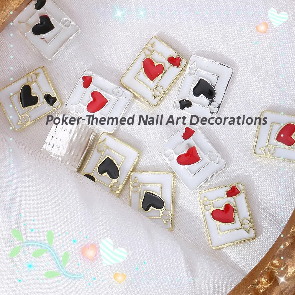

10Pcs Trendy Poker-Themed Nail Charms - Red Heart/Spade Alloy Decor with Gold/Silver Edges Enamel Finish Unique Manicure Designs