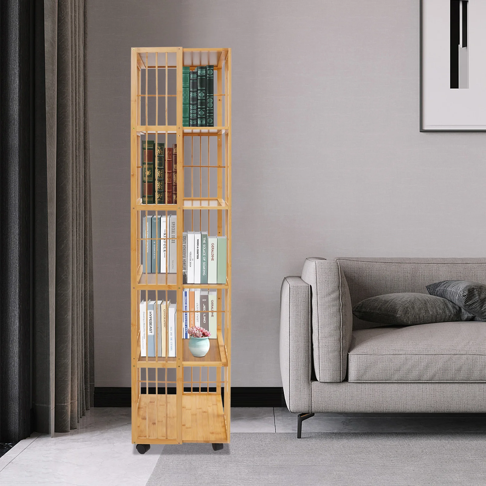 

6 Tier Rotating Bookshelf With Wheels, 220lbs Capacity Bamboo 360° Swivel Bookcase 14.6x14.6in Corner Bookshelf For Home Office Living Room Storage