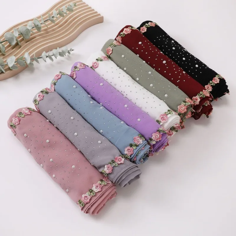 

New Ceramic Hot Diamond Pearl Chiffon Scarf Countryside Lace Chiffon Square Scarf Islamic Scarf Middle East Africa Headband