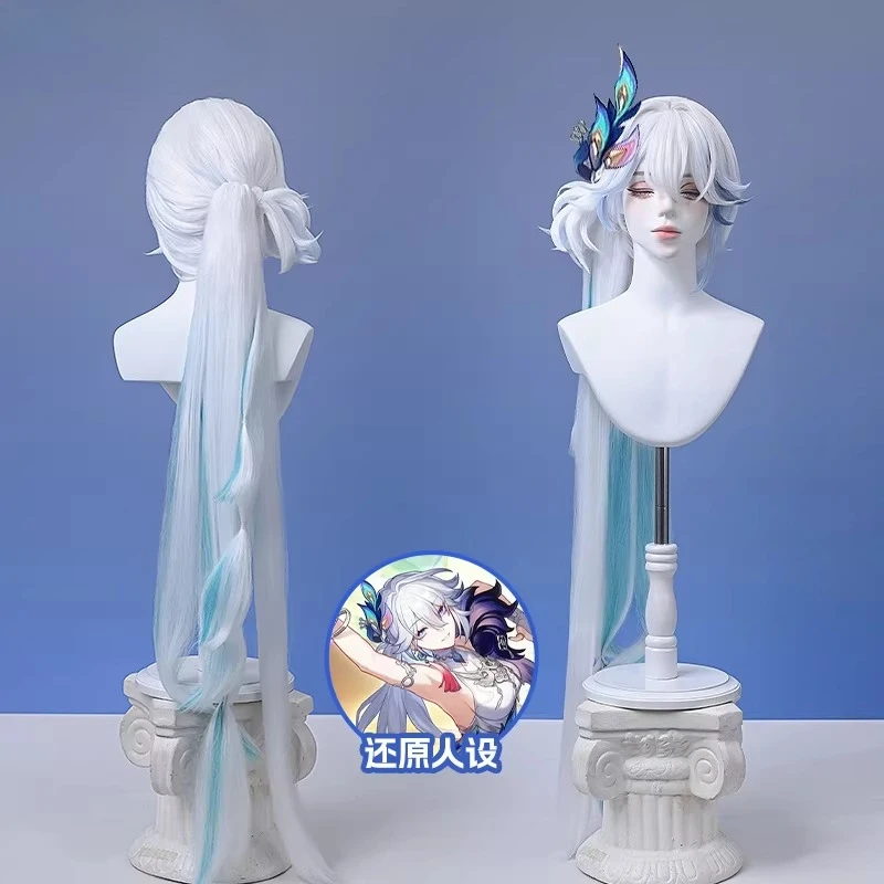 

Парик для косплея Honkai: Star Rail Ари Трэш Яо Гуан с хвостом, серебристо-белый, синий, смешанный цвет, термостойкий, синтетический, женский