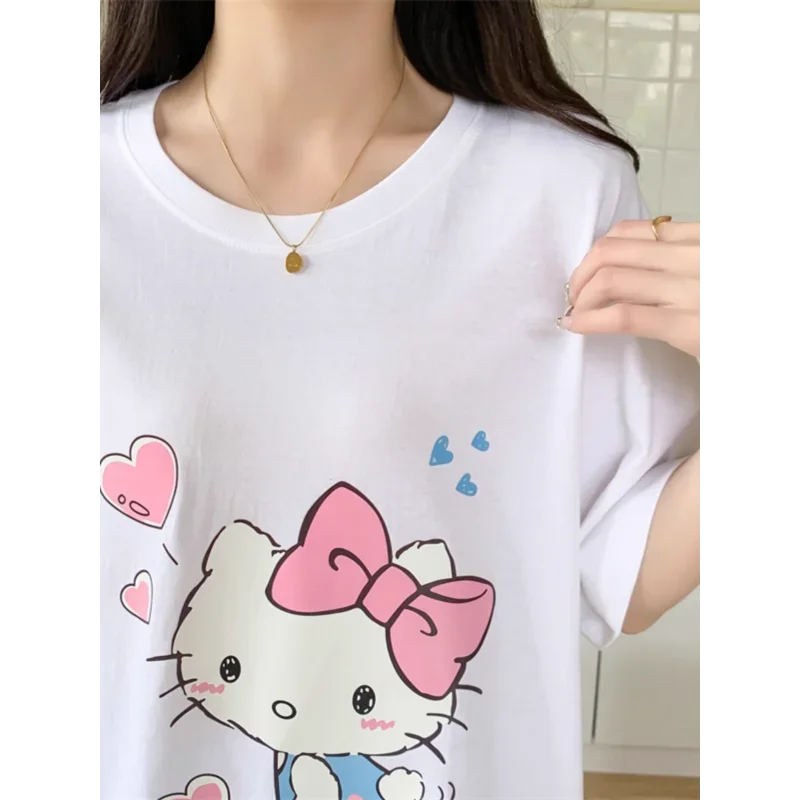 Sanrio ชุดนอนผ้าไหมลายเฮลโลคิตตี้, ชุดนอนผู้หญิงใส่ในบ้านน้ำหนักเบาระบายอากาศเท่ๆลายการ์ตูนน่ารัก