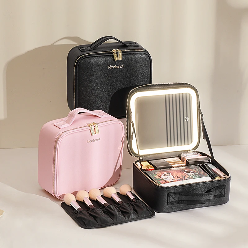 Makeup Travel Train Case with LED Lighted Mirror, 3 Color Adjust Settings, Travel Makeup Bag With Adjustable Dividers,