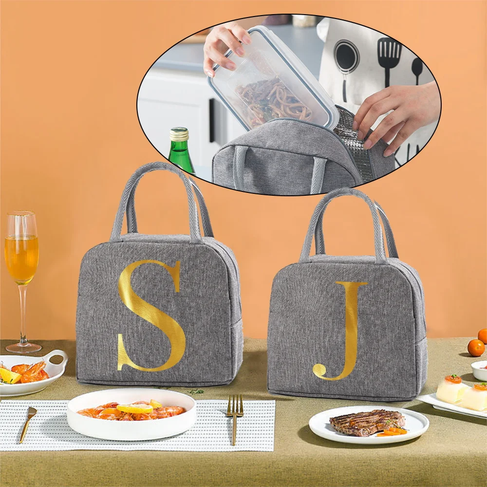 

Handheld Lunch Bags Insulated Bag Fashion Fresh Aluminium Foil Bento Box Initial Letter Pattern Student DinnerBag Travel Home
