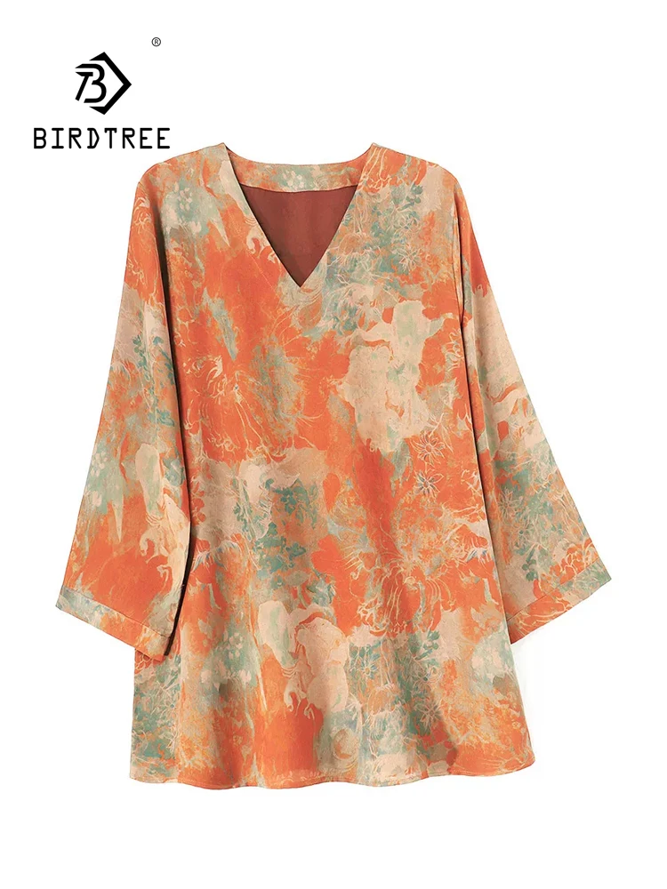 BirdTree-32MM Silk Watered Gauze Elegant T-Shirt, 3/4 Sleeve Ink-wash Flower, Women Casual Retro Loose Top, 2026 Autumn T6O465CC