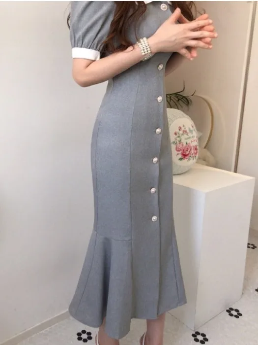 Vestido e de verano con cuello levdo, bloque de Color, ajustado, manga de burbuja, cola de pez, vestido de moda de...