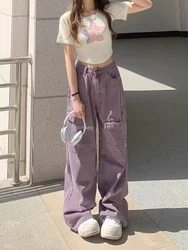 2024 High Waisted Wide Leg Pant Vintage Loose Denim Cargo Pants For Women Purple Full Length Hip Hop Style Street Dance Trousers