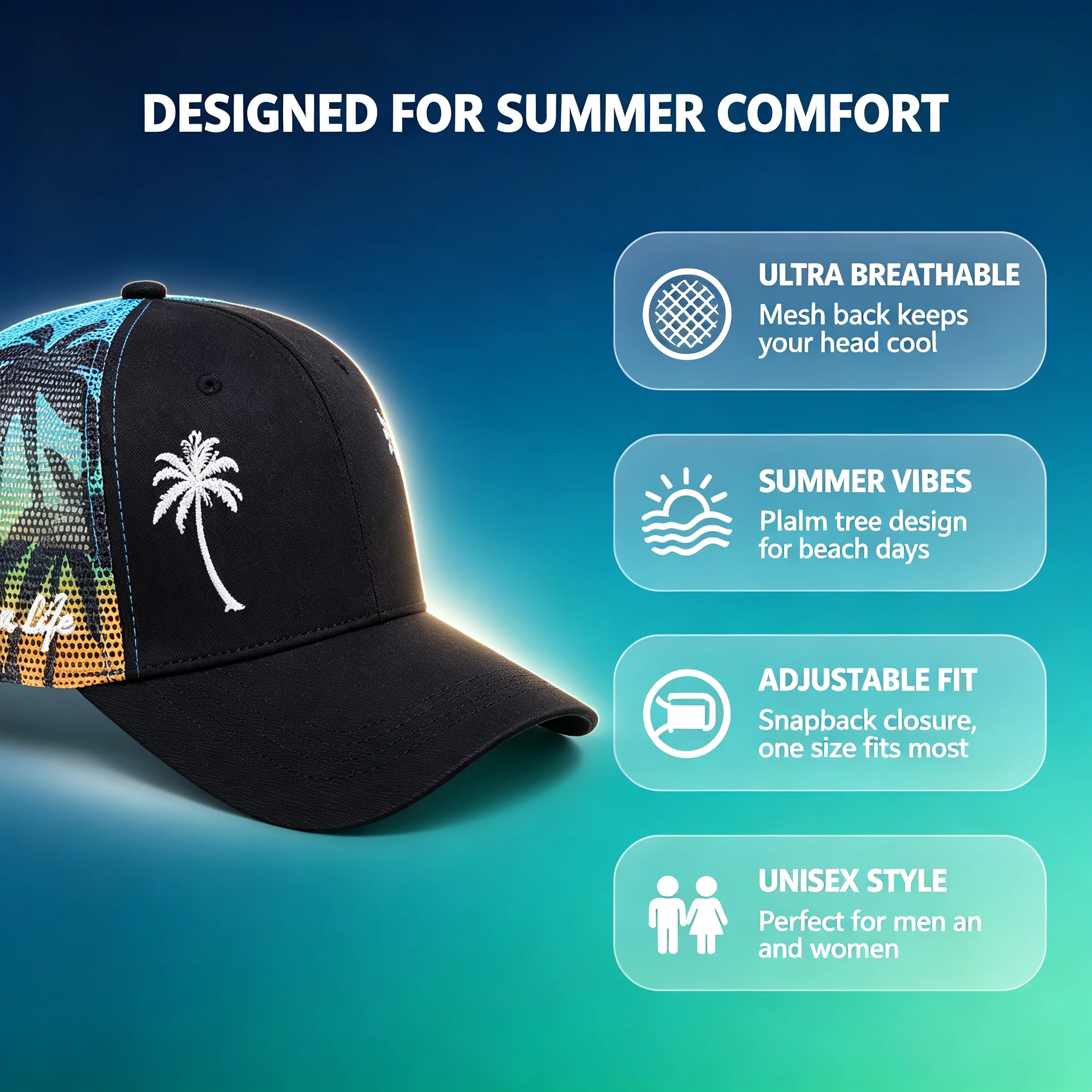 Trucker Coole Designs Atmungsaktive Kokosnussbaum-Stickerei Baseball Outdoor Schatten Sonnenschutz Mesh Cap Herren- und Damen-Sonnenhut – Detail 4
